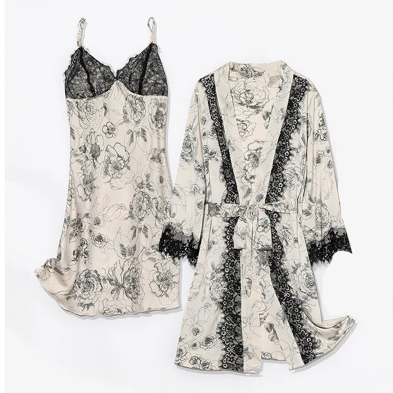 Spring New Lace Sleepwear Satin Women Sexy Robe Sets 2 Pieces Suit Silky Nightdress Intimate Lingerie With Pads Nightwear
Spring New Lace Sleepwear Satin Women Sexy Robe Sets 2 Pieces Suit Silky Nightdress Intimate Lingerie With Pads Nightwear