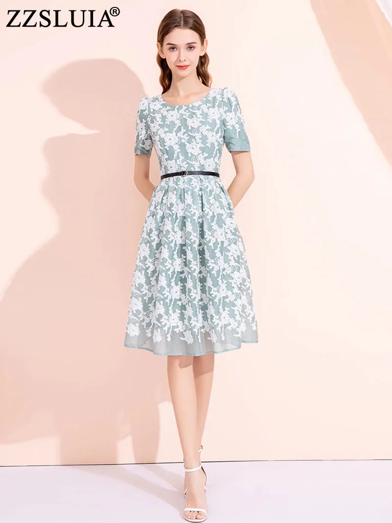 Elegant Dresses For Women O Neck Short Sleeve Embroidery Appliques Design Slim Fashion Dress With Belt Female Clothing
Elegant Dresses For Women O Neck Short Sleeve Embroidery Appliques Design Slim Fashion Dress With Belt Female Clothing