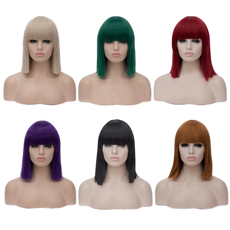 

15inch 40cm Short Bob Green Blue Purple White Pink Black Red Beige Gray Silvery Hair With straight bangs Cosplay Wigs + Wig Cap