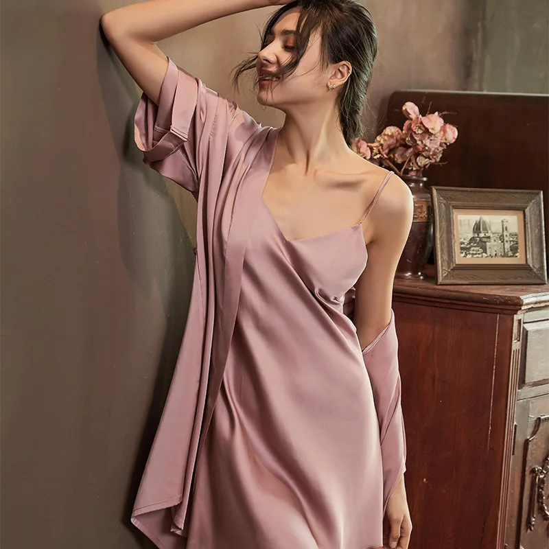 

Women 2PCS Robe Nightdress Set Rayon Silk Bathrobe Nightgown Solid Color Sleepwear Intimate Lingerie Sexy Homewear Nighty&Robe