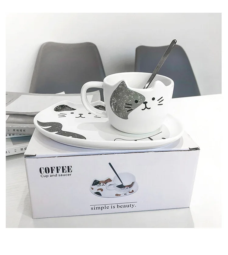 Керамический кофейный набор с милым котом 200 мл чашки ручкой ложка креативная