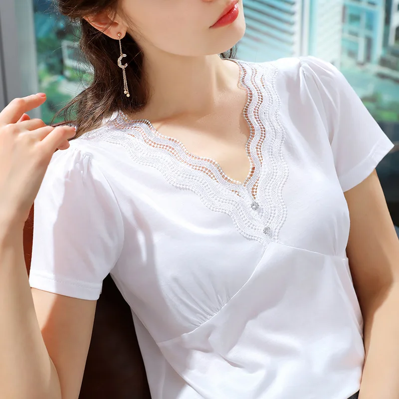 Short sleeve T-shirt women's 2021 new lace splicing ice silk cotton T-shirt White V-Neck top
Short sleeve T-shirt women's 2021 new lace splicing ice silk cotton T-shirt White V-Neck top