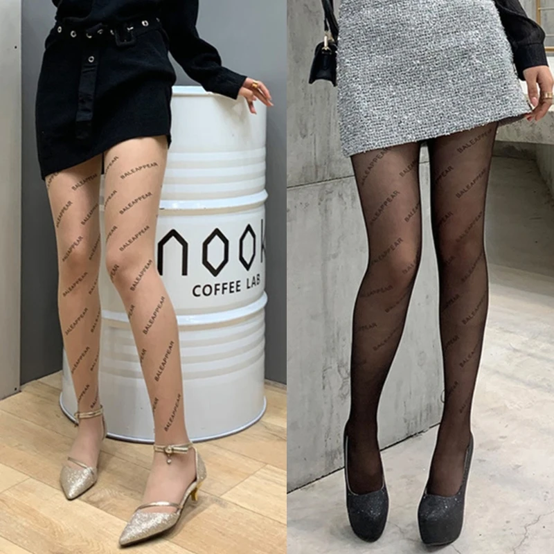 

Women Vintage Letters Printed Tattoo Tights Sexy Transparent See-Through Footed Pantyhose Ultra Thin Sheer Stockings