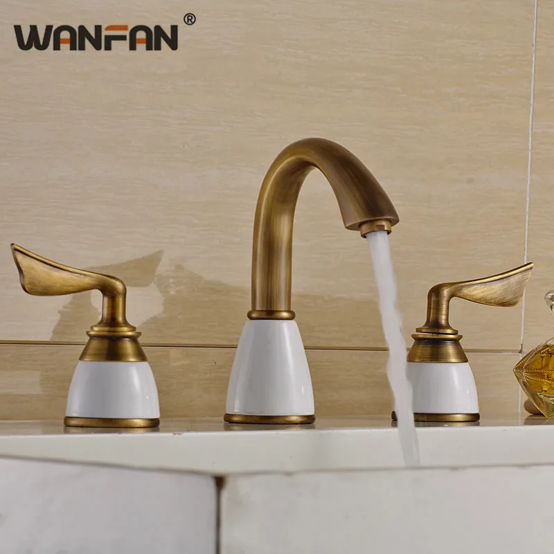 

Basin Faucets Dual Handle Antique Bathroom Sink Taps 3 Hole Bathtub Brass Deck Mounted Vanity Water WC Washbasin Crane HJ-607