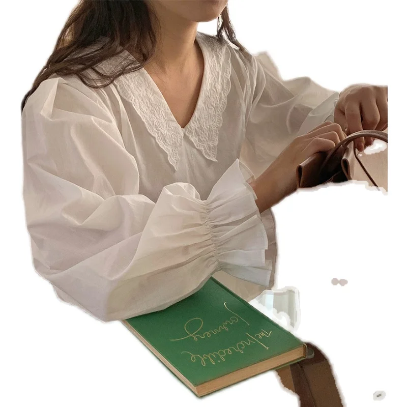 Korean Ins Spring Girly Style Vintage Court Cute Flowers Embroidery Lace Peter Pan Collar Puff Sleeve Shirt Women 
Korean Ins Spring Girly Style Vintage Court Cute Flowers Embroidery Lace Peter Pan Collar Puff Sleeve Shirt Women