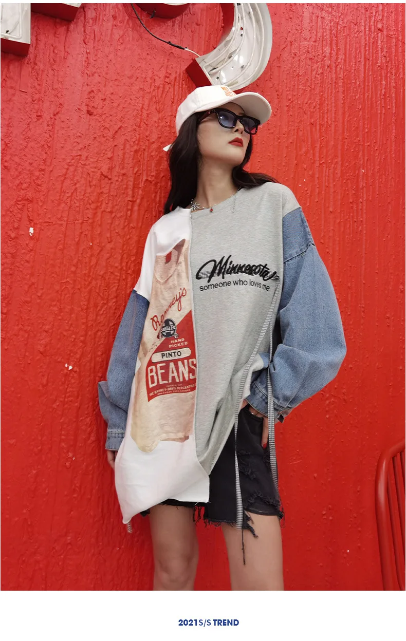 2021 asymmetrical personality denim stitching T-shirt mid-length long-sleeved women's sweatshirt fashion loose print trendy top
2021 asymmetrical personality denim stitching T-shirt mid-length long-sleeved women's sweatshirt fashion loose print trendy top