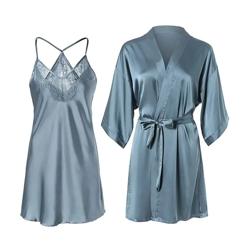 New Blue sexy ice silk thin young girl sling V-neck long robe and nightdress nightgown set Two-piece suit
New Blue sexy ice silk thin young girl sling V-neck long robe and nightdress nightgown set Two-piece suit