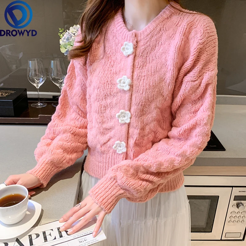 

2021 Cropped Sweater Korean Cardigan Crop Top 2021 Fashion Sweaters Sueter Coat Crochet Flower Cardigans Women Knit Pull Femme