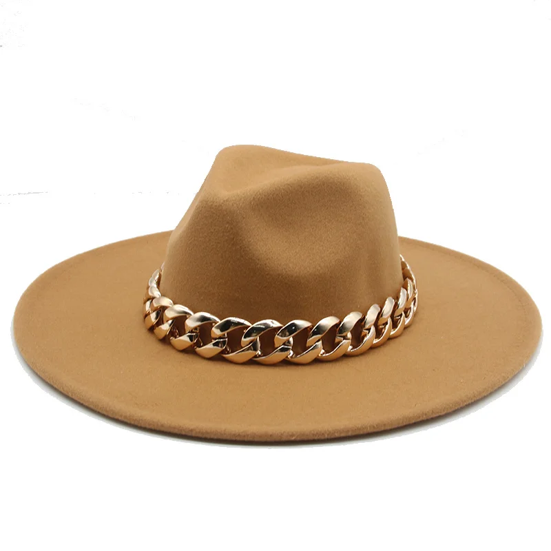 

Шляпа-федора с широкими полями 9,5 см, плотная шапка с золотой цепочкой для мужчин и женщин, зимние фетровые шляпы с широкими полями, зимние шл...