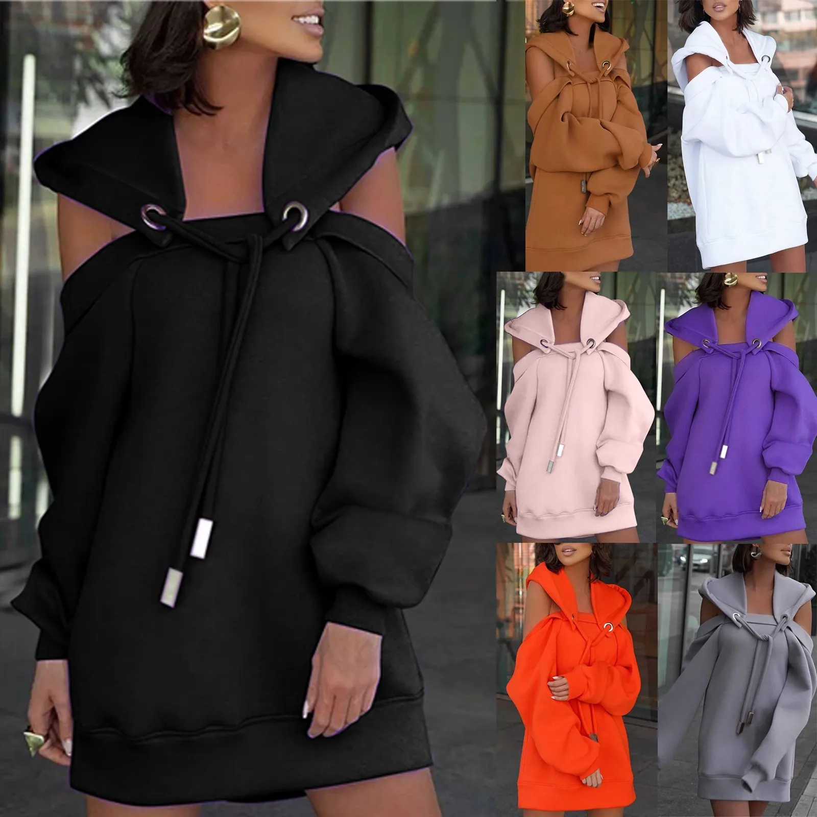 Women's solid color hooded long-sleeved sweater dress new fashion oversized long-sleeved personality loose off-shoulder dress
Women's solid color hooded long-sleeved sweater dress new fashion oversized long-sleeved personality loose off-shoulder dress