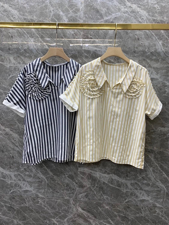2021 new women fashion lapel vertical stripes flower stitching decoration short-sleeved all-match top 510
2021 new women fashion lapel vertical stripes flower stitching decoration short-sleeved all-match top 510