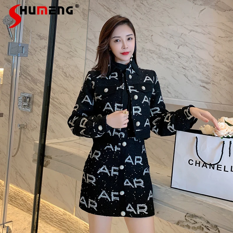 Stylish Elegant Short Skirt Suits Women 2021 Fashion Chic Tweed Black Letter Jacquard Blazer Bright Silk Mini Skirts Suit Female
Stylish Elegant Short Skirt Suits Women 2021 Fashion Chic Tweed Black Letter Jacquard Blazer Bright Silk Mini Skirts Suit Female