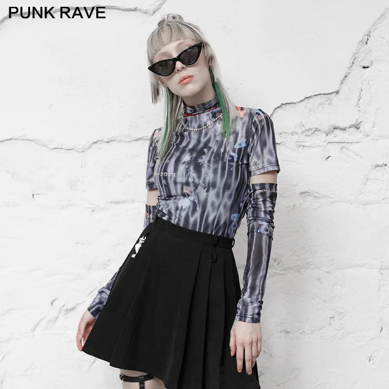 PUNK RAVE Women's Elastic Digital Print Removable Sleeves Mesh Top Gothic Simple Hot Atmosphere High Neck Daily T-shirt
PUNK RAVE Women's Elastic Digital Print Removable Sleeves Mesh Top Gothic Simple Hot Atmosphere High Neck Daily T-shirt