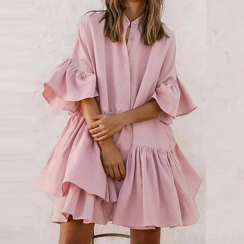 Women Ruffle Shirts Dress Half Sleeve Buttons Causal Loose Dresses 3XL Slim Elegant Party A-line Mini Dress Vestidos Sundress 
Women Ruffle Shirts Dress Half Sleeve Buttons Causal Loose Dresses 3XL Slim Elegant Party A-line Mini Dress Vestidos Sundress
