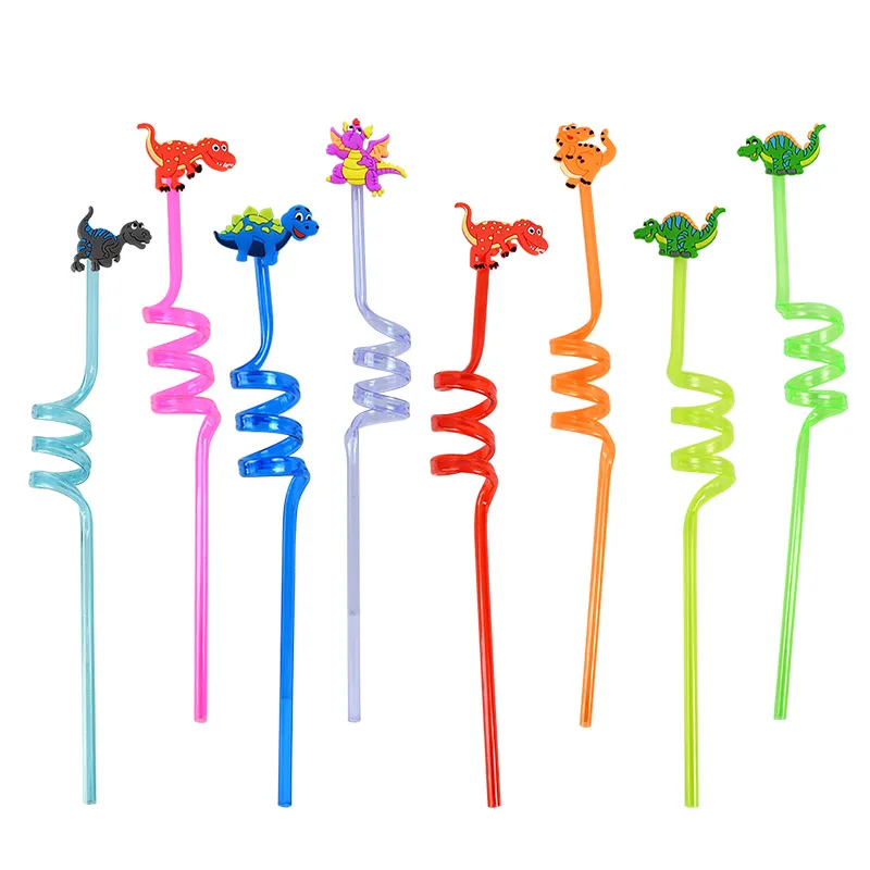 

8pcs Cartoon Dinosaur Drinking Straws Reusable Plastic Straw for Kids Birthday Dino Theme Party Supplies Animal Straws