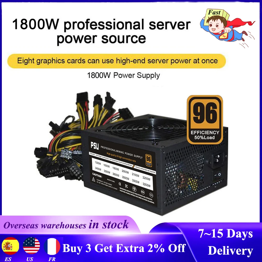 1800W 2000W 2400W Power Supply 160V-240V ATX ETH Mining Bitcoin 95% Efficiency Support 8 Display Cards GPU for BTC Bitcoin Miner
1800W 2000W 2400W Power Supply 160V-240V ATX ETH Mining Bitcoin 95% Efficiency Support 8 Display Cards GPU for BTC Bitcoin Miner