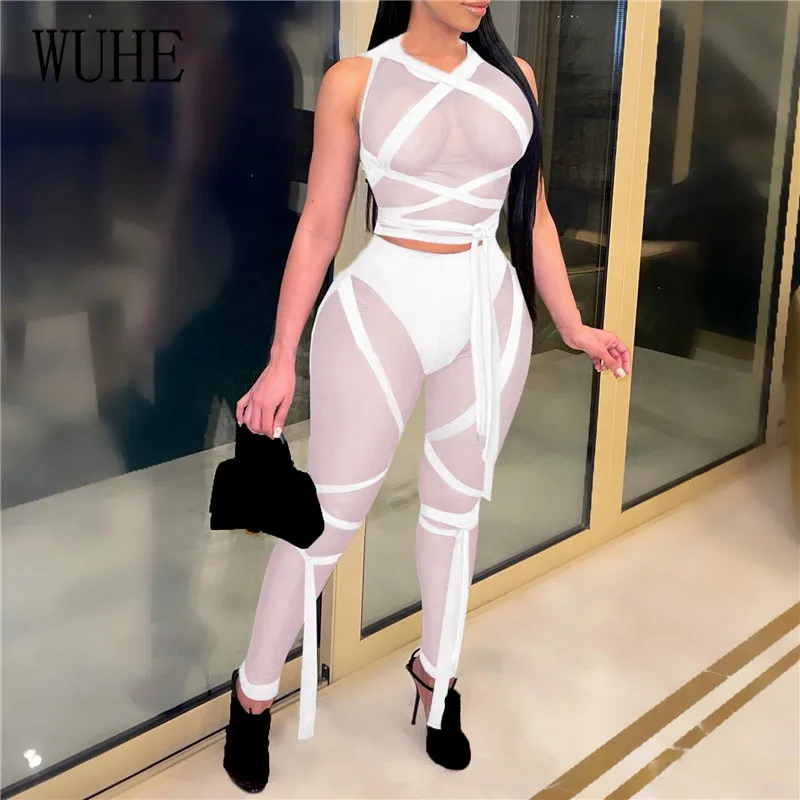 WUHE Sheer Mesh Bandage Two Piece Set Women Summer Sexy Sleeveless Crop Top + Slim Club Pants Set See Through Women Outfits
WUHE Sheer Mesh Bandage Two Piece Set Women Summer Sexy Sleeveless Crop Top + Slim Club Pants Set See Through Women Outfits