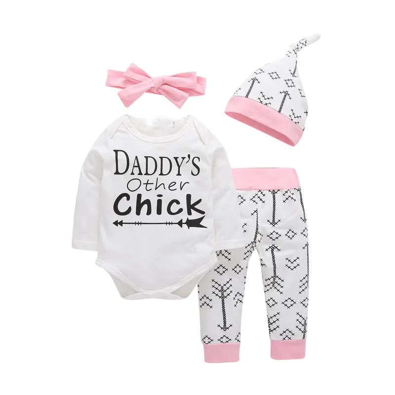 

4PCS Infant Baby Girls Clothes Sets Daddy's Other Chick Bodysuit+Love Arrow Pants+Hat +Headband Newborn Toddle Girl Outfits