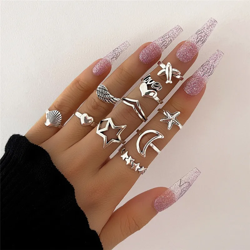 VAGZEB Punk Vintage Star Moon Plane Starfish Shell Finger Knuckle Heart Rings Set For Women Silver Color Bohemian Ring Jewelry
VAGZEB Punk Vintage Star Moon Plane Starfish Shell Finger Knuckle Heart Rings Set For Women Silver Color Bohemian Ring Jewelry
