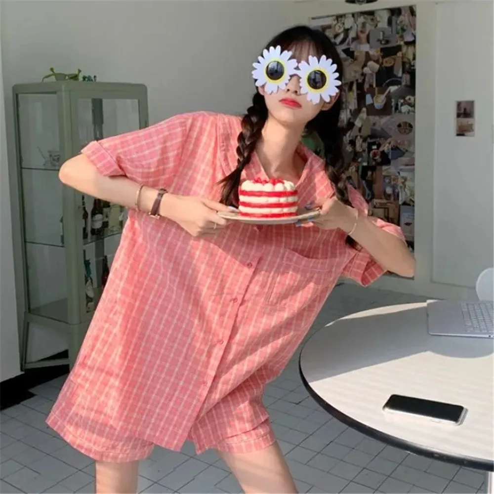 Pajama Sets Women Korean Style Loose Trendy Summer Short Sleeve Ins Plaid Two-Piece Sleepwear Lovely Simple Friends Soft Pockets
Pajama Sets Women Korean Style Loose Trendy Summer Short Sleeve Ins Plaid Two-Piece Sleepwear Lovely Simple Friends Soft Pockets