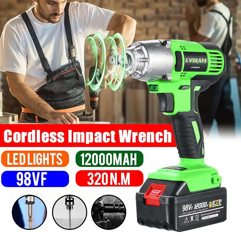 98VF 320Nm 12000mAh Cordless Electric Impact Wrench Rechargeable Electric Wrench Speed Control LED Light Electric Tools 110-240V
98VF 320Nm 12000mAh Cordless Electric Impact Wrench Rechargeable Electric Wrench Speed Control LED Light Electric Tools 110-240V
