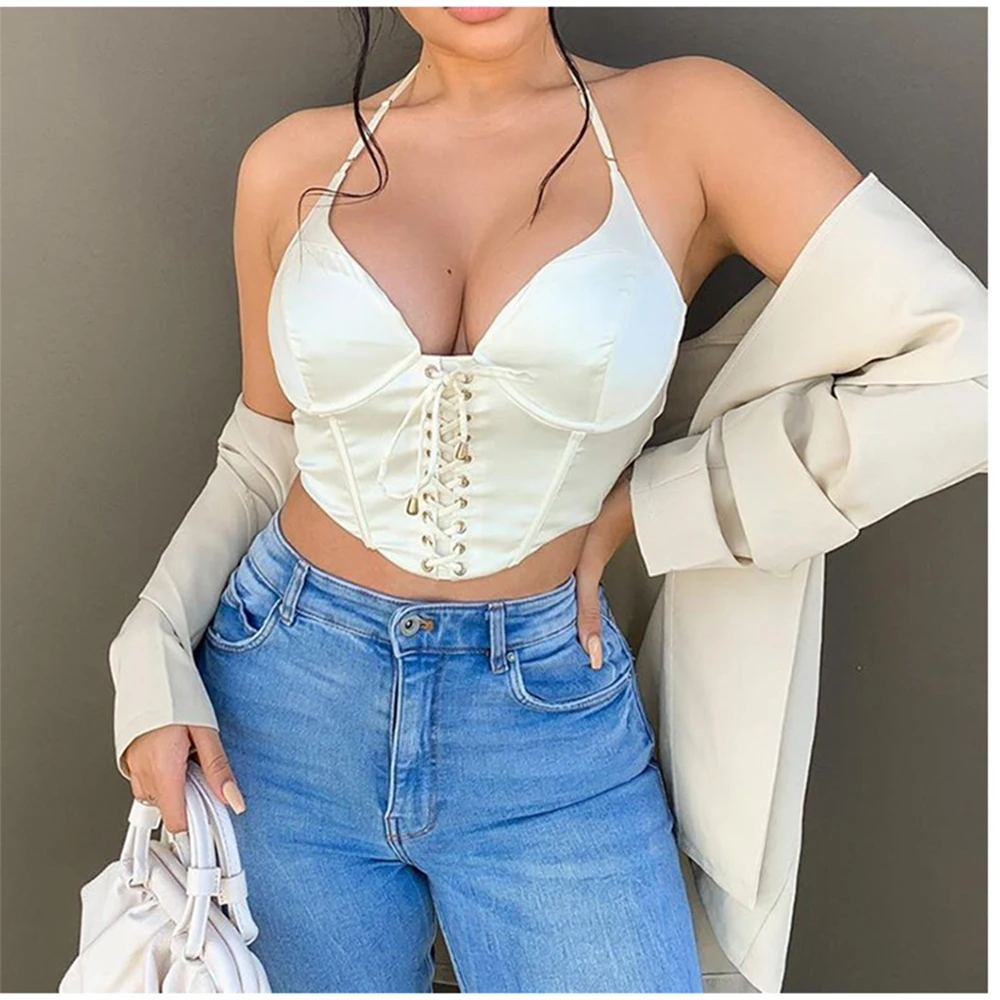 2021 summer European and American popular sexy women's wear slim fitting hanging neck Satin Lace sling short top vest women's we
2021 summer European and American popular sexy women's wear slim fitting hanging neck Satin Lace sling short top vest women's we