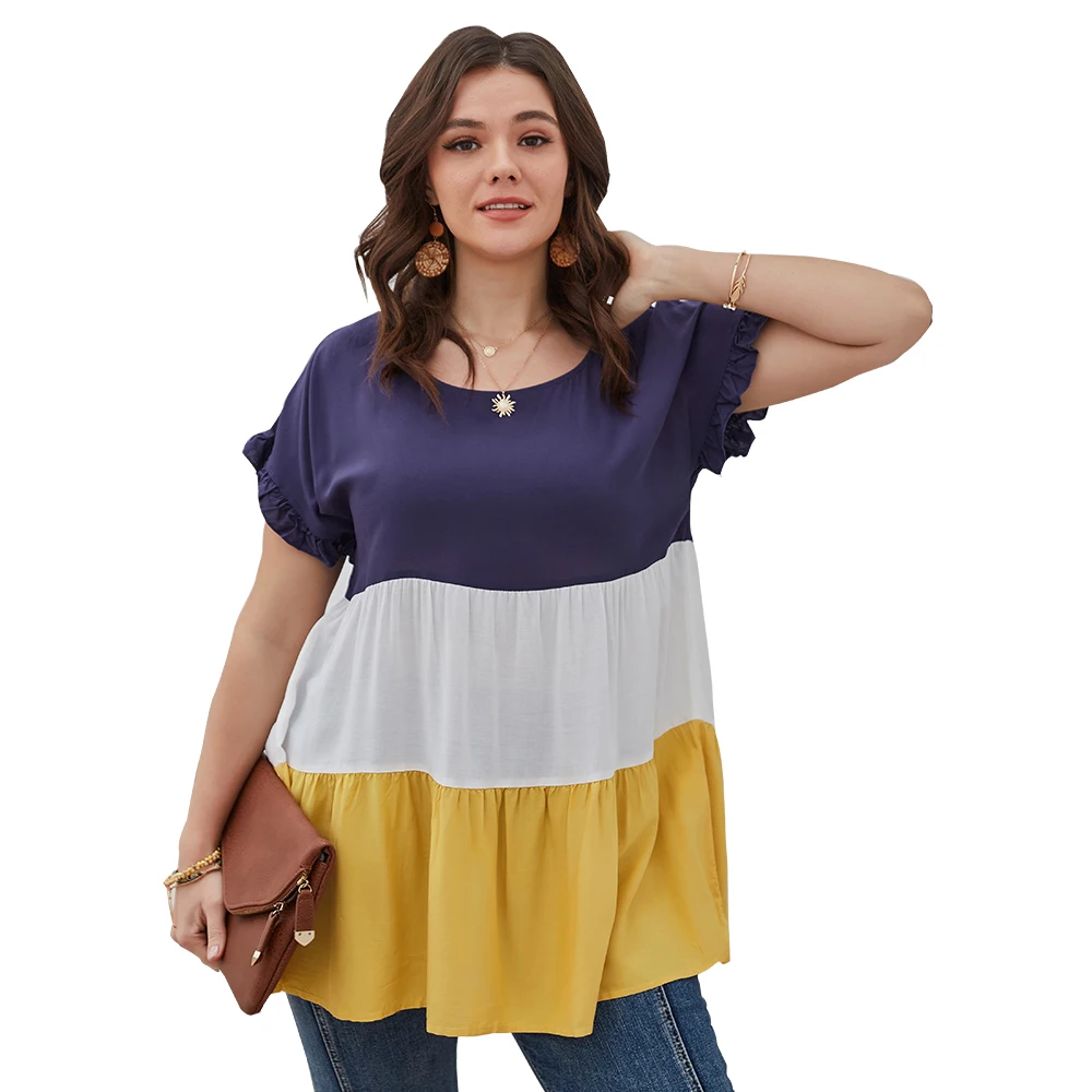 Chifirena Plus Size Patchwork Loose Blouse Women Summer Short Sleeve Tops Shirt Sweet Casual Shirring Peplum Blouse Female 2021
Chifirena Plus Size Patchwork Loose Blouse Women Summer Short Sleeve Tops Shirt Sweet Casual Shirring Peplum Blouse Female 2021