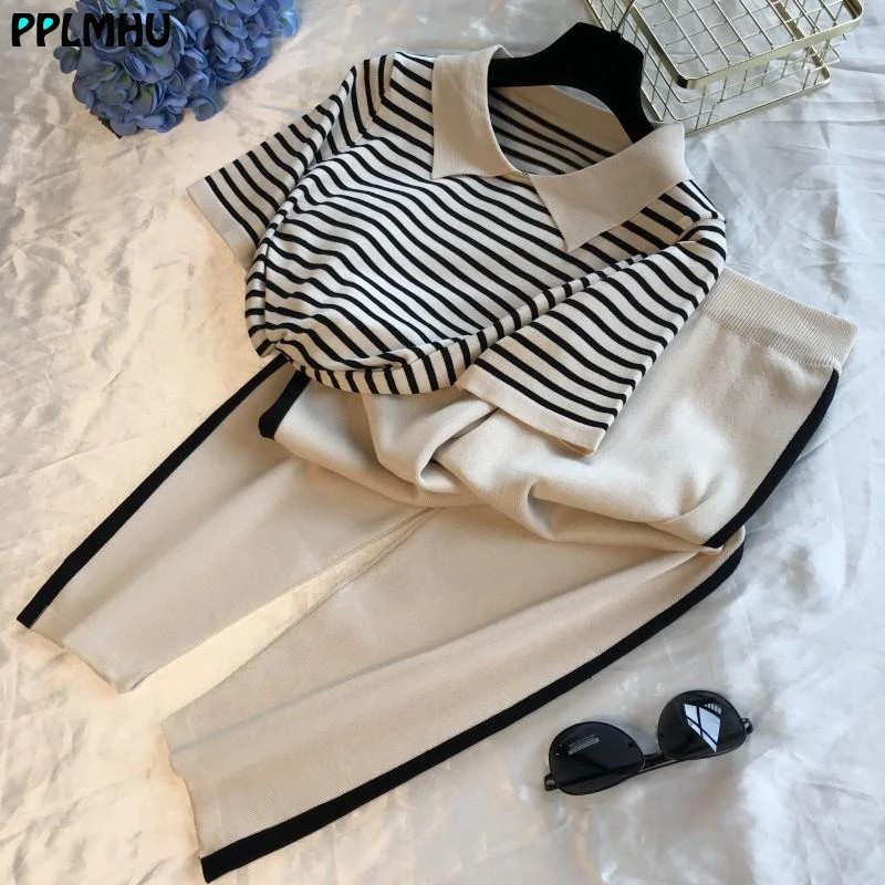 Fashion Stripe Patchwork Knitted Two Peice Set Women Turn-Down Collar Short Sleeve T-shirt+Ankle-Length Pants Casual Tracksuit
Fashion Stripe Patchwork Knitted Two Peice Set Women Turn-Down Collar Short Sleeve T-shirt+Ankle-Length Pants Casual Tracksuit