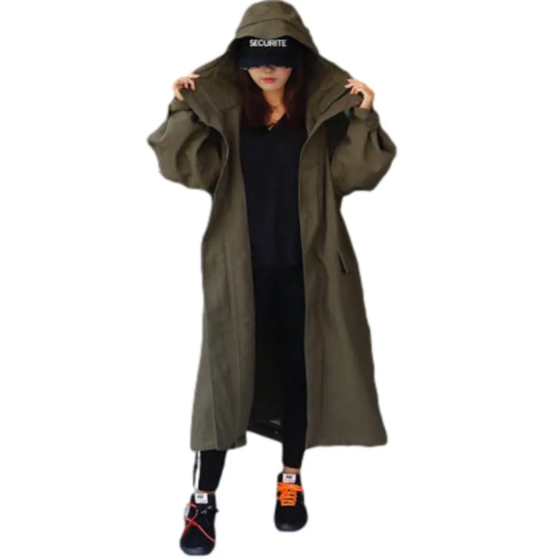 LANMREM 2021 Spring New Arrival Hooded Collar Zipper Fly Loose All-match Army Green Trench Coat For Women Fashion Tide 2A3069
