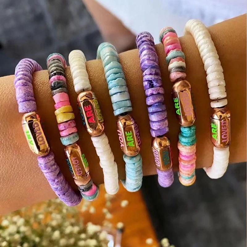 5Pcs Latest colorful design Fashion Multi Color Stone Heishi Disc Beaded Gold Words Tube Bead Elastic Bracelet 
5Pcs Latest colorful design Fashion Multi Color Stone Heishi Disc Beaded Gold Words Tube Bead Elastic Bracelet