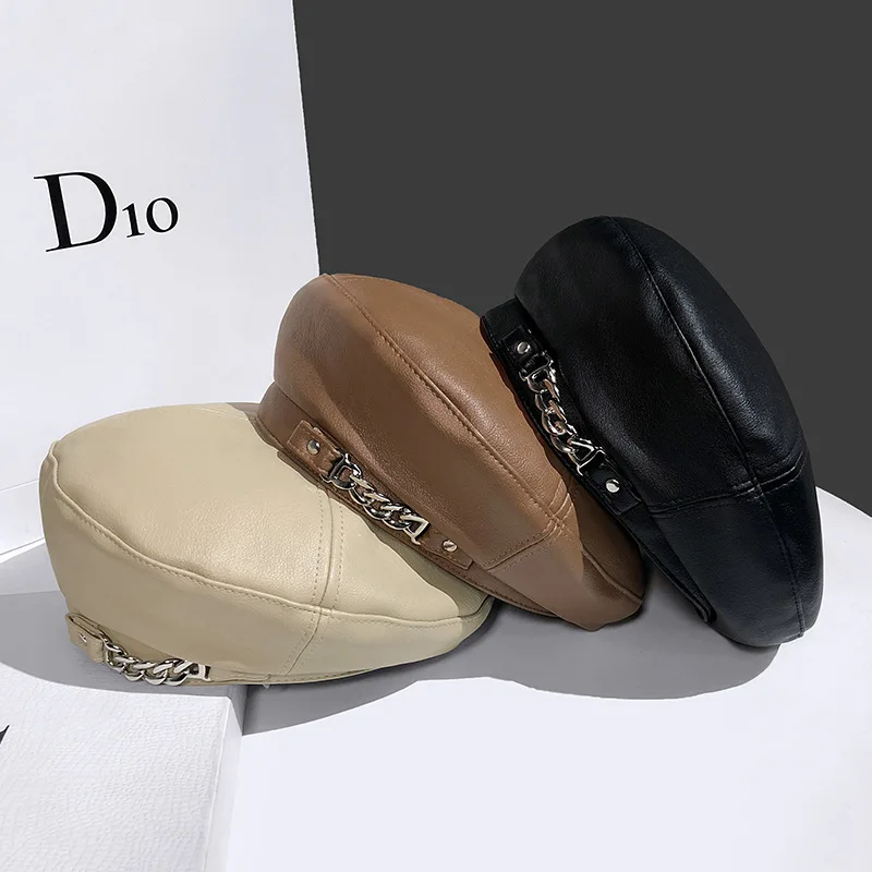 New Chain Leather Beret Hat Women British Retro Octagonal Hat Japanese Korean Version Pu Leather Painter Cap Beretki Gorros
New Chain Leather Beret Hat Women British Retro Octagonal Hat Japanese Korean Version Pu Leather Painter Cap Beretki Gorros