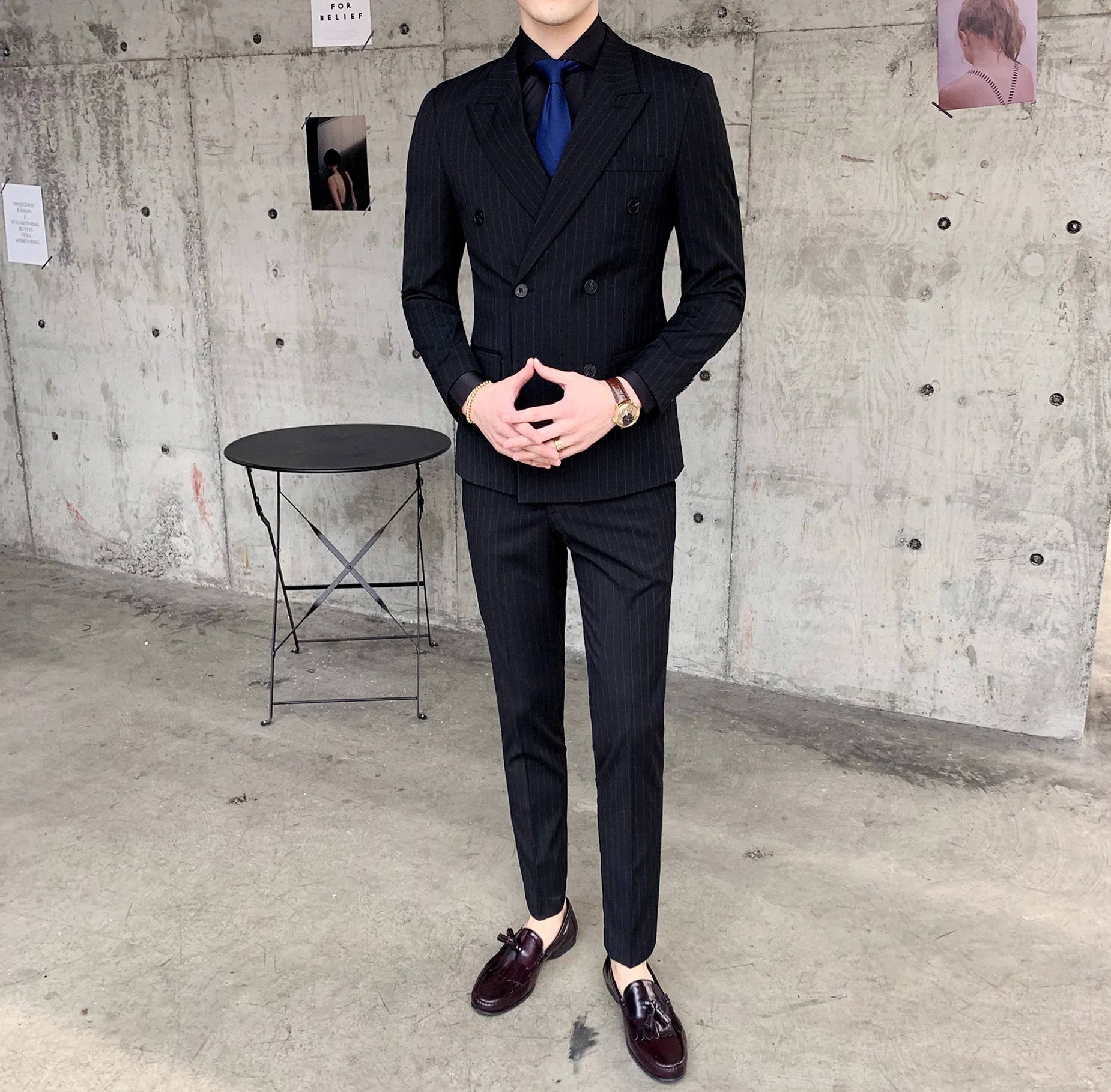 Spring New Suit Men Double Breasted Long-sleeved Slim Fit Male Suit Casual Stripe Wedding Tuxedos Suits Costume Homme 
Spring New Suit Men Double Breasted Long-sleeved Slim Fit Male Suit Casual Stripe Wedding Tuxedos Suits Costume Homme