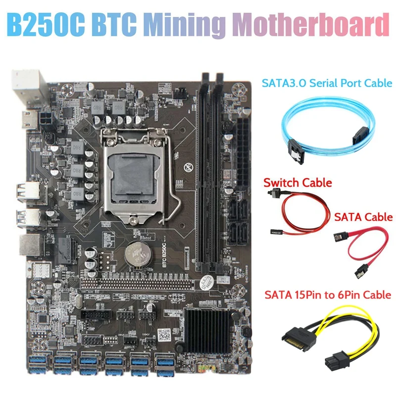 B250C Miner Motherboard+SATA3.0 Serial Port Cable+SATA 15Pin to 6Pin Cable+SATA+Switch Cable 12 PCIE to USB3.0 GPU Slot
B250C Miner Motherboard+SATA3.0 Serial Port Cable+SATA 15Pin to 6Pin Cable+SATA+Switch Cable 12 PCIE to USB3.0 GPU Slot