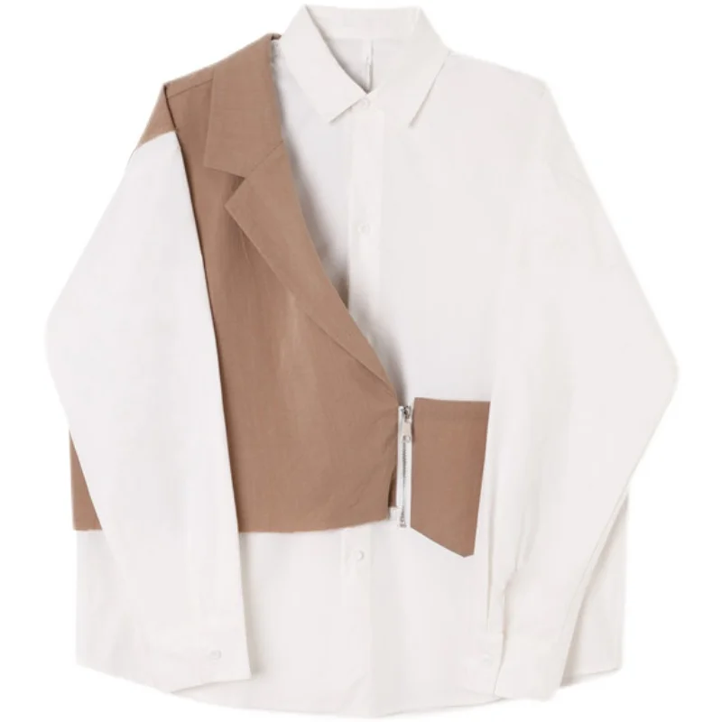 Large Size Summer Light Luxury Style Personalized Patchwork Design Fake Two Loose Long Sleeve Shirt Fashion Korean Style Shirt 
Large Size Summer Light Luxury Style Personalized Patchwork Design Fake Two Loose Long Sleeve Shirt Fashion Korean Style Shirt