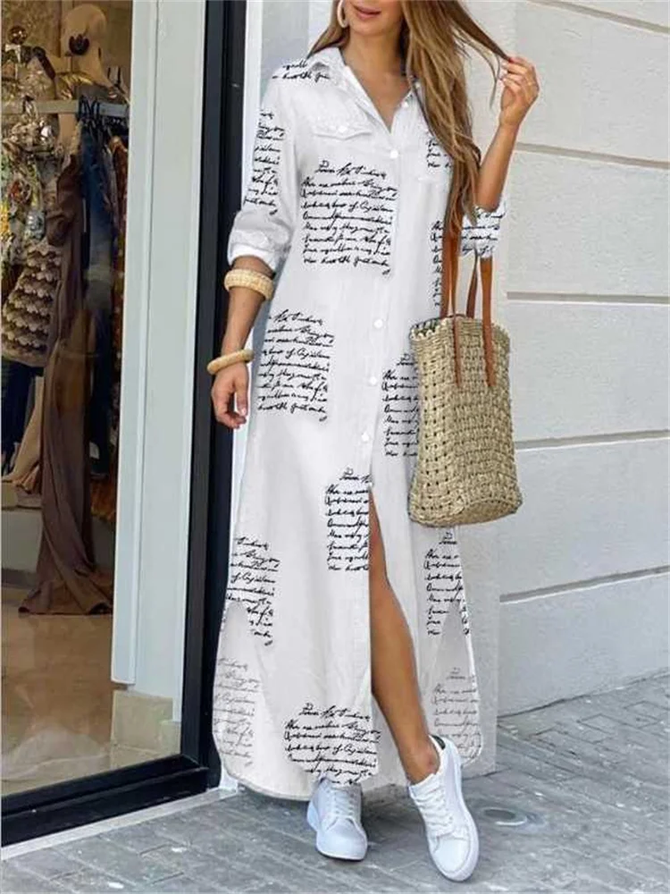 Fashion Women Long Sleeve Shirt Dress Autumn Printed Long Dresses Turn-Down Collar Loose Sundress Party White Dress
Fashion Women Long Sleeve Shirt Dress Autumn Printed Long Dresses Turn-Down Collar Loose Sundress Party White Dress