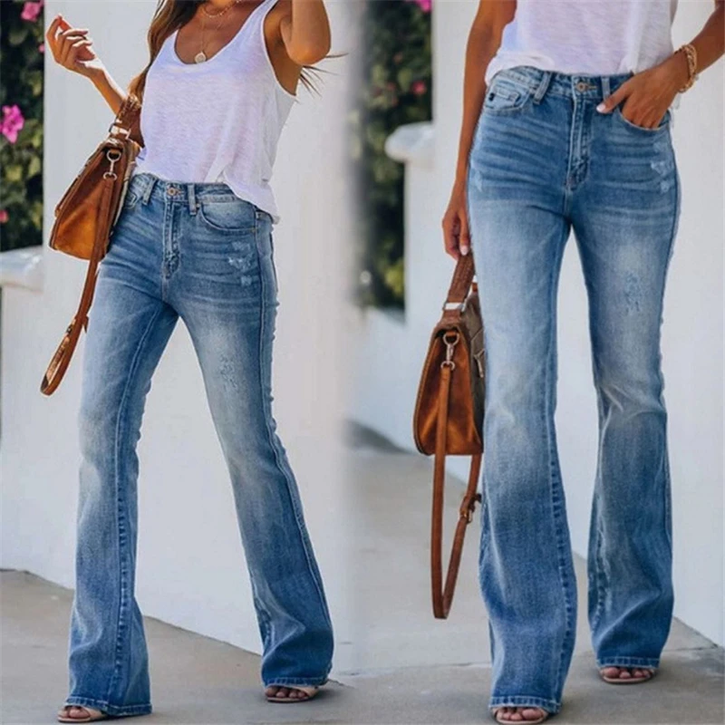 

Women Micro Flared Jeans High Waist Fashion Urban Casual Elegant Stretch Bleached Scratching Streetwear Chic Blue Denim Trouser