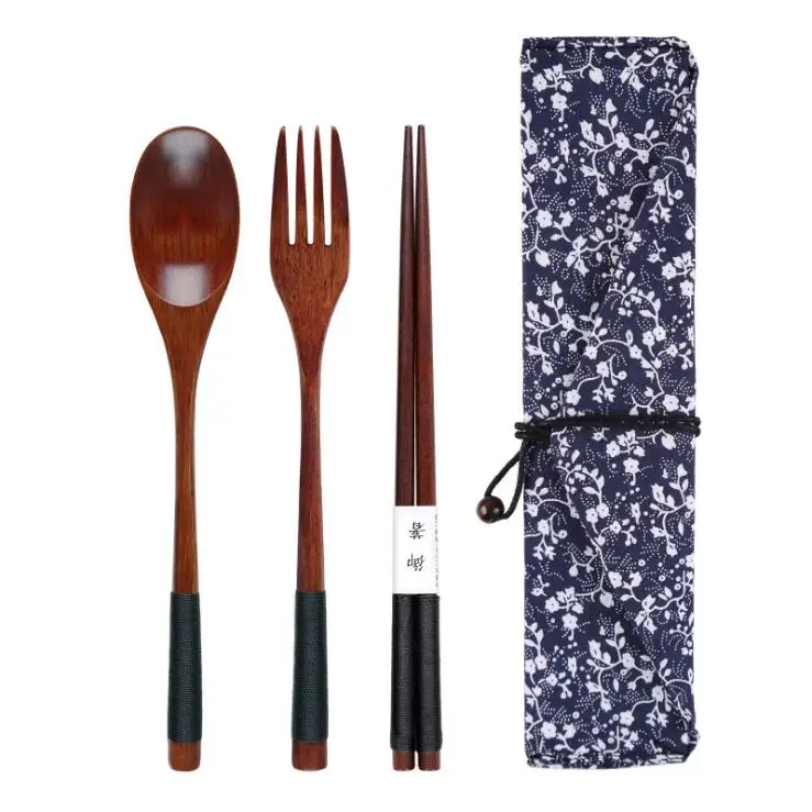 

A Set Wooden Spoon+Fork+Chopsticks+Cloth Bag Bamboo Kitchen Cooking Utensil Tool Soup Teaspoon Catering Oct