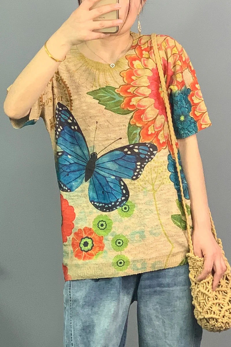 2021 round Neck Cotton and Linen Thin Breathable Flower Butterfly Print Short-Sleeved T-shirt Women's Loose Slimming Hollow Top
2021 round Neck Cotton and Linen Thin Breathable Flower Butterfly Print Short-Sleeved T-shirt Women's Loose Slimming Hollow Top