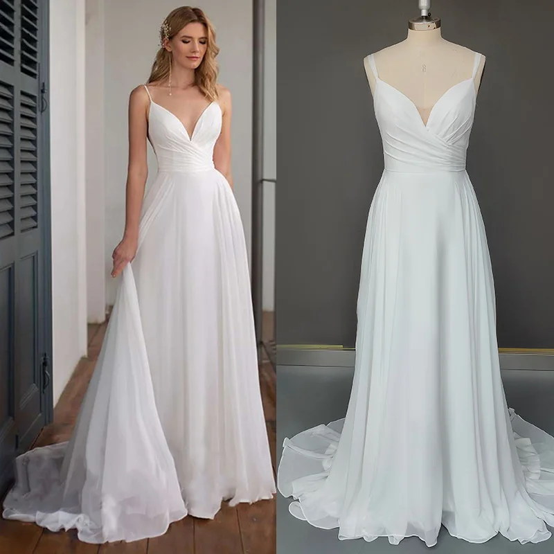 Deep V-Neck Ruched Chiffon Bridal Dress Backless Beach Plus Size Sweep Train A Line Simple Pleated Spaghetti Strap Wedding Gowns
Deep V-Neck Ruched Chiffon Bridal Dress Backless Beach Plus Size Sweep Train A Line Simple Pleated Spaghetti Strap Wedding Gowns