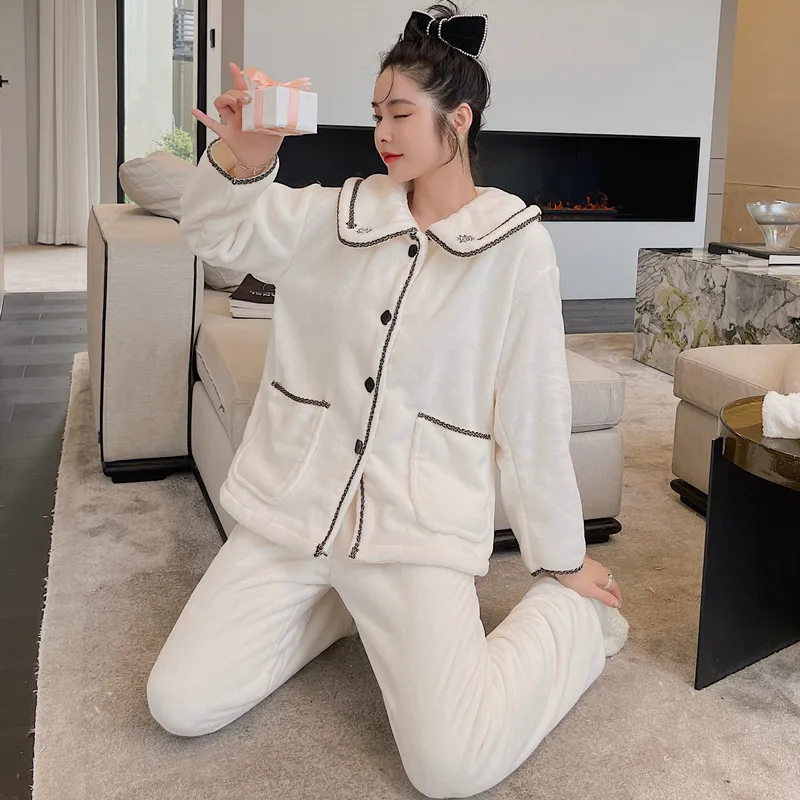 Winter Women Sleepwear Pijamas Suit Thick Flannel Pajamas Set Pyjama Pour Femme Sweet White Long Sleeve Trouser Suits Homewear
Winter Women Sleepwear Pijamas Suit Thick Flannel Pajamas Set Pyjama Pour Femme Sweet White Long Sleeve Trouser Suits Homewear