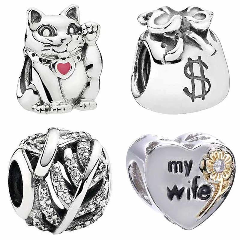 

US Dollar Money Bag Love Heart My Wife Lucky Waving Cat Light As A Feather Beads Fit Europe Bracelet 925 Sterling Silver Charm