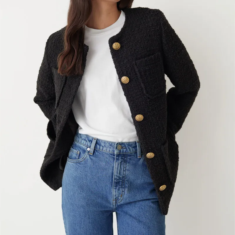 Wool Tweed Women Long Sleeve Jacket 2021 Autumn Winter Single Breasted Warm Fashion Ladies White Black Outwear Tops with Pockets
Wool Tweed Women Long Sleeve Jacket 2021 Autumn Winter Single Breasted Warm Fashion Ladies White Black Outwear Tops with Pockets