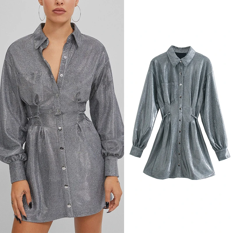 Za Sexy Women Dress Shiny Backless Sashes A-Line Party Dress Long Sleeve Button Empire Shirts Dresses Female Elegant Vestidos
Za Sexy Women Dress Shiny Backless Sashes A-Line Party Dress Long Sleeve Button Empire Shirts Dresses Female Elegant Vestidos