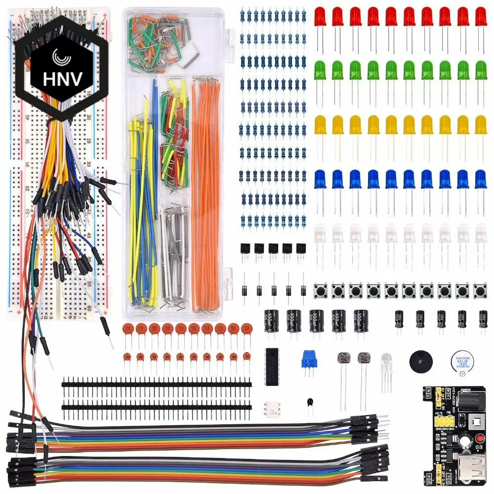 

Electronics Component Basic Starter Kit with 830 Tie-points Breadboard Cable Resistor Capacitor LED Potentiometer Box Packing