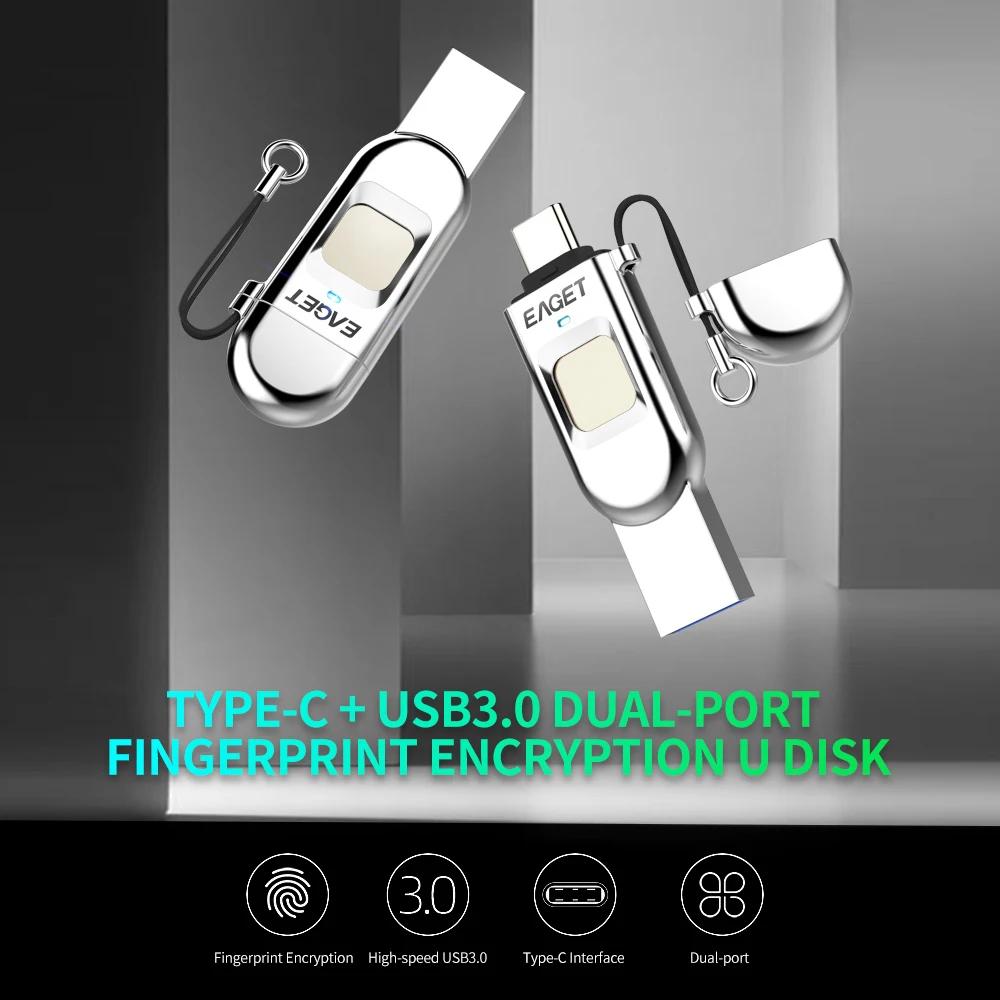 

EAGET FU68 USB Flash Drive 128GB 64GB 32GB Type-C USB3.0 Dual-port Metal Fingerprint Encryption U Disk for Smart Phone PC Laptop
