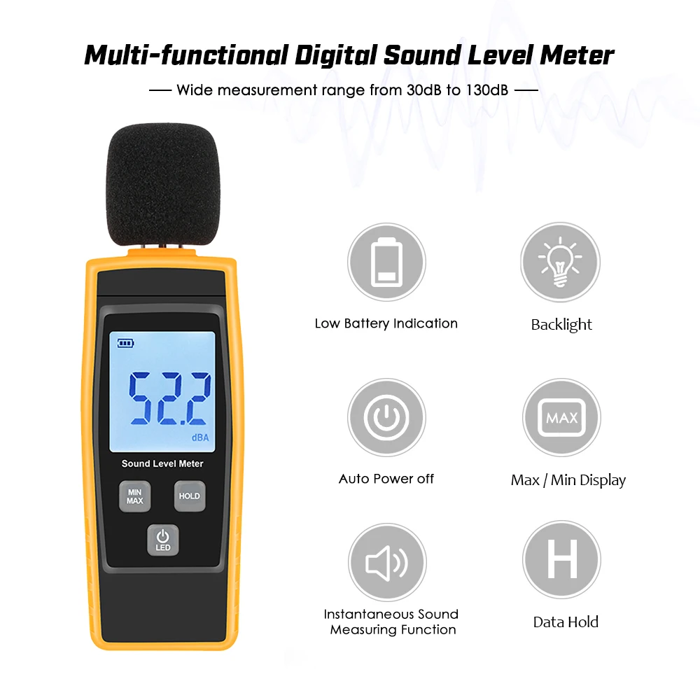 LCD Digital Sound Level Meter DB Meters 30-130dBA Noise Volume Measuring Tool Decibel Monitoring Tester Max/Min/Data Hold Mod
LCD Digital Sound Level Meter DB Meters 30-130dBA Noise Volume Measuring Tool Decibel Monitoring Tester Max/Min/Data Hold Mod