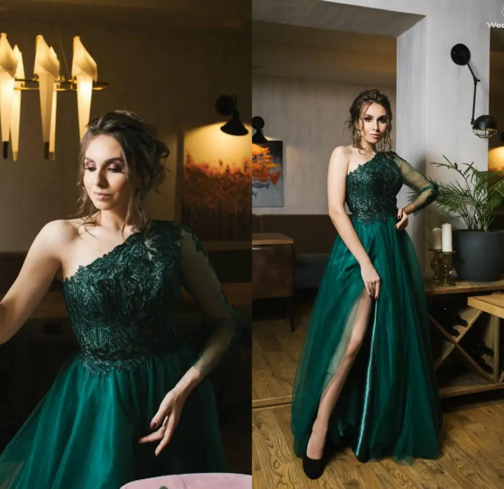 Hot Sale Dark Green Evening Dresses Sexy One Shoulder Long Sleeves Prom Dress Side Split Lace Appliques robes de soiree Party
Hot Sale Dark Green Evening Dresses Sexy One Shoulder Long Sleeves Prom Dress Side Split Lace Appliques robes de soiree Party