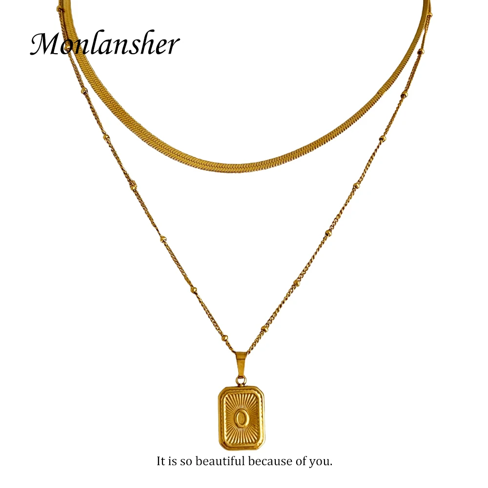 Monlansher Double Layered Mixed Chain Necklace for Women Gold Color Titanium Steel Square Shield Sun Textured Pendant Necklaces
Monlansher Double Layered Mixed Chain Necklace for Women Gold Color Titanium Steel Square Shield Sun Textured Pendant Necklaces