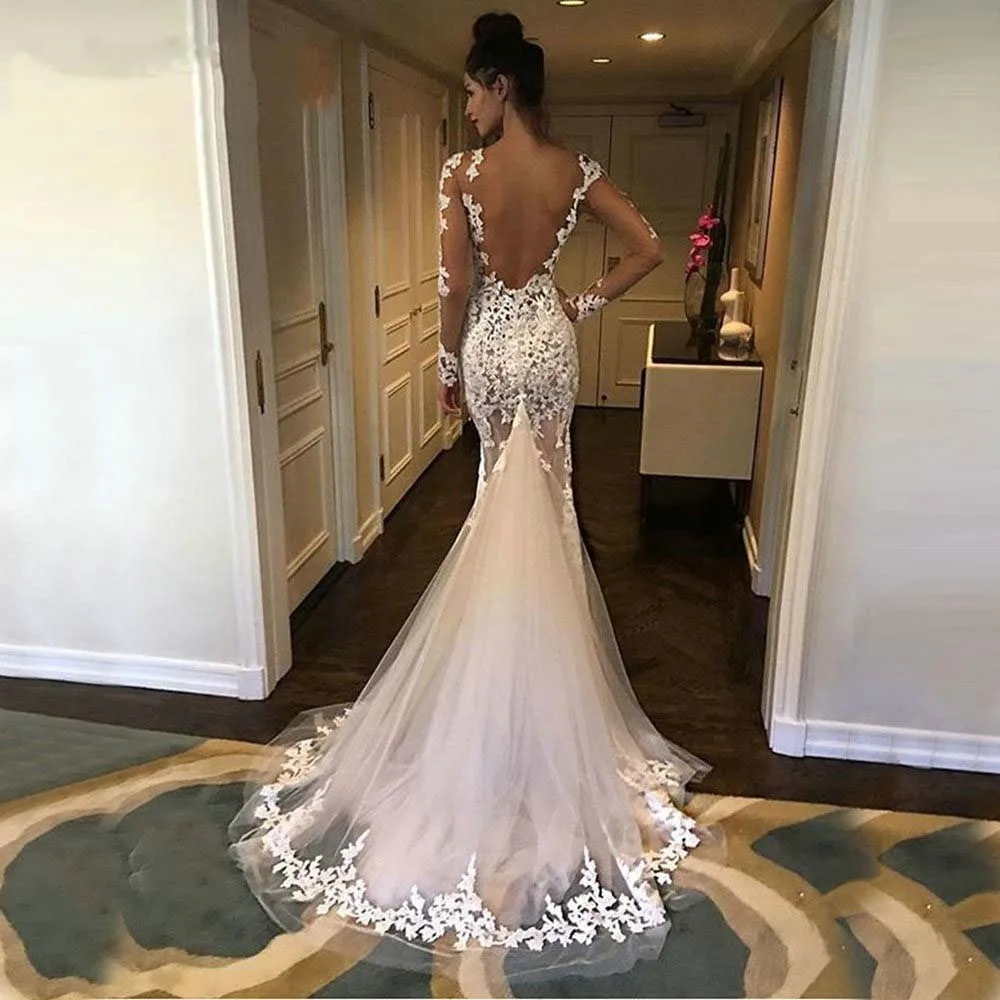 Charming Long Sleeves Lace Mermaid Wedding Dress Sexy Backless Swwep Train See Through Long Bride Dresses Custom Made
Charming Long Sleeves Lace Mermaid Wedding Dress Sexy Backless Swwep Train See Through Long Bride Dresses Custom Made