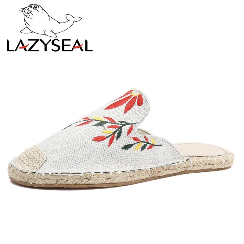 Сланцы LazySeal женские с вышивкой пеньковые плоские полутапочки без застежки